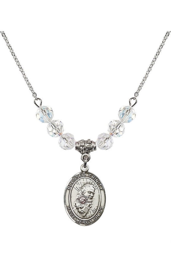 18-Inch Rhodium Plated Necklace with 6mm White April Birth Month Stone Beads and Blessed Trinity Charm