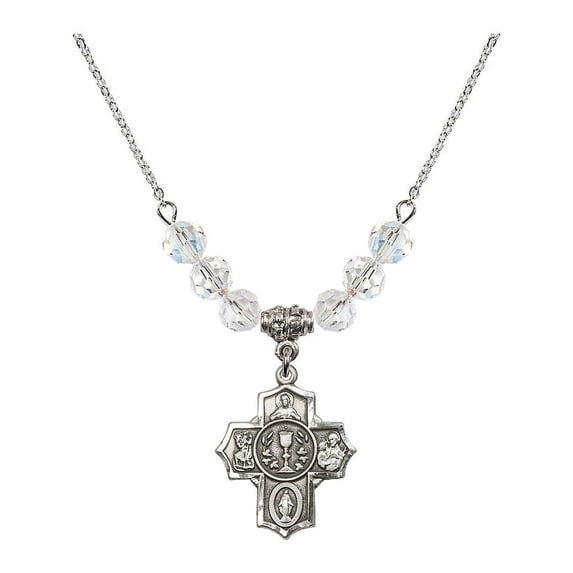 18-Inch Rhodium Plated Necklace with 6mm White April Birth Month Stone Beads and Communion/5-Way Charm