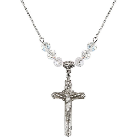 18-Inch Rhodium Plated Necklace with 6mm White April Birth Month Stone Beads and Crucifix Charm