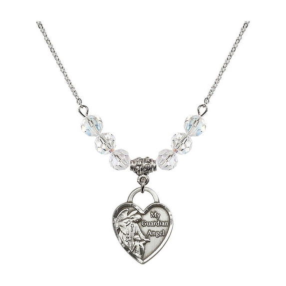 18-Inch Rhodium Plated Necklace with 6mm White April Birth Month Stone Beads and Guardian Angel Heart Charm