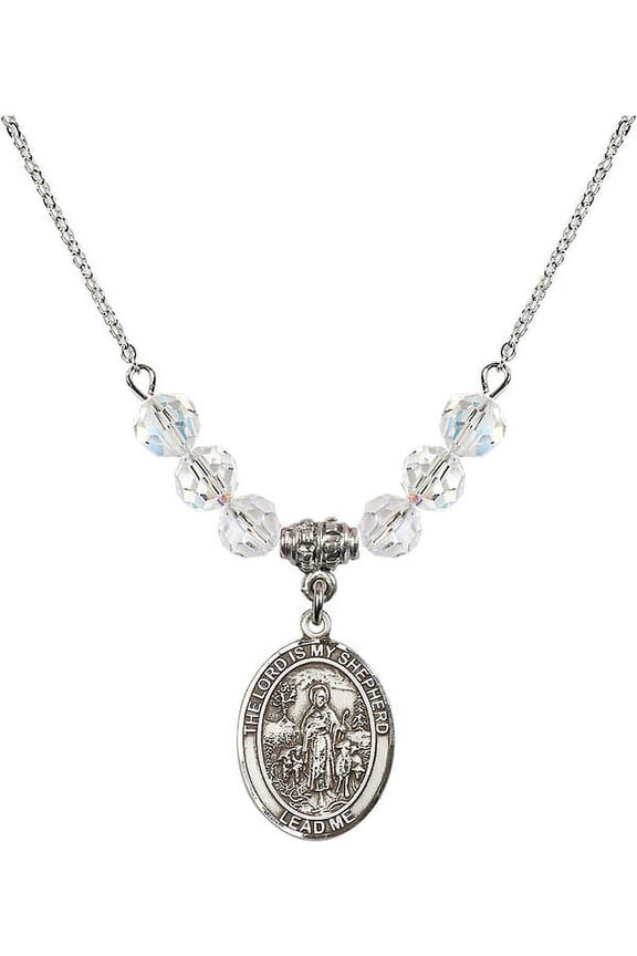 18-Inch Rhodium Plated Necklace with 6mm White April Birth Month Stone Beads and Lord Is My Shepherd Charm
