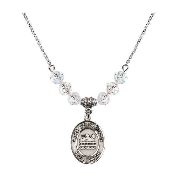 18-Inch Rhodium Plated Necklace with 6mm White April Birth Month Stone Beads and Saint Christopher/Swimming Charm