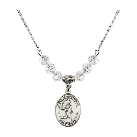 18-Inch Rhodium Plated Necklace with 6mm White April Birth Month Stone Beads and Saint Christopher/Track&Field-Men Charm