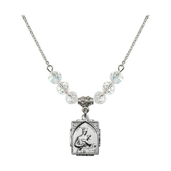 18-Inch Rhodium Plated Necklace with 6mm White April Birth Month Stone Beads and Saint Gerard Charm