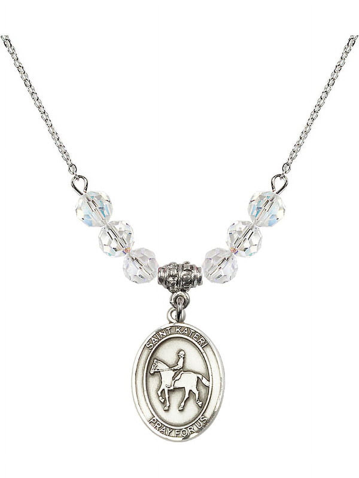 18-Inch Rhodium Plated Necklace with 6mm White April Birth Month Stone Beads and Saint Kateri/Equestrian Charm