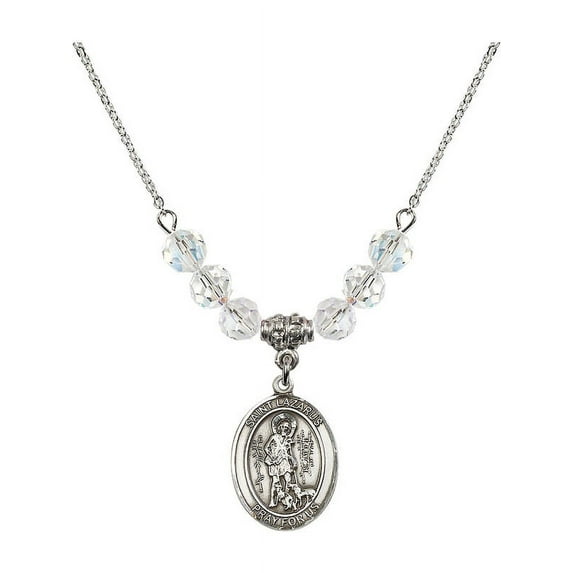 18-Inch Rhodium Plated Necklace with 6mm White April Birth Month Stone Beads and Saint Lazarus Charm