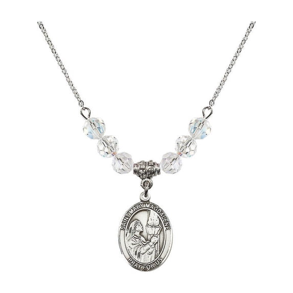 18-Inch Rhodium Plated Necklace with 6mm White April Birth Month Stone Beads and Saint Mary Magdalene Charm
