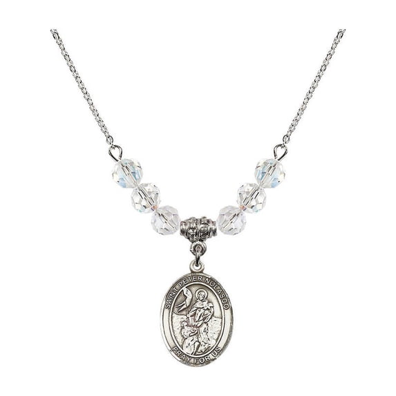 18-Inch Rhodium Plated Necklace with 6mm White April Birth Month Stone Beads and Saint Peter Nolasco Charm