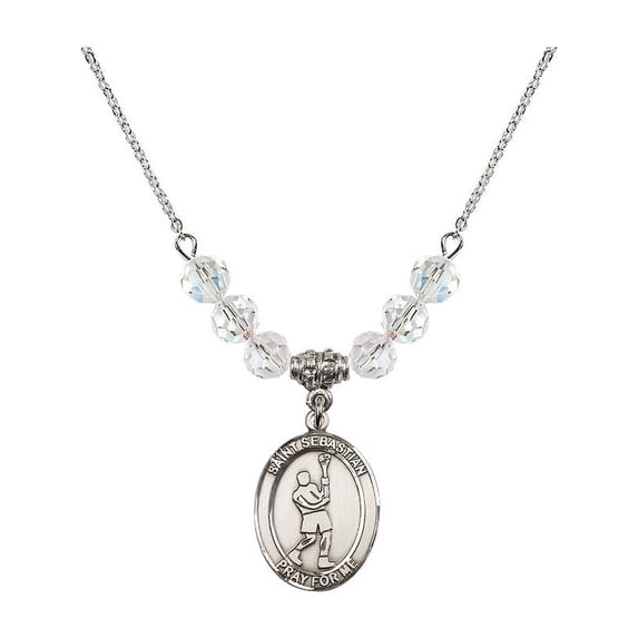 18-Inch Rhodium Plated Necklace with 6mm White April Birth Month Stone Beads and Saint Sebastian/Lacrosse Charm