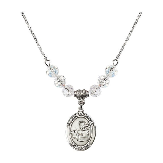 18-Inch Rhodium Plated Necklace with 6mm White April Birth Month Stone Beads and Saint Thomas Aquinas Charm