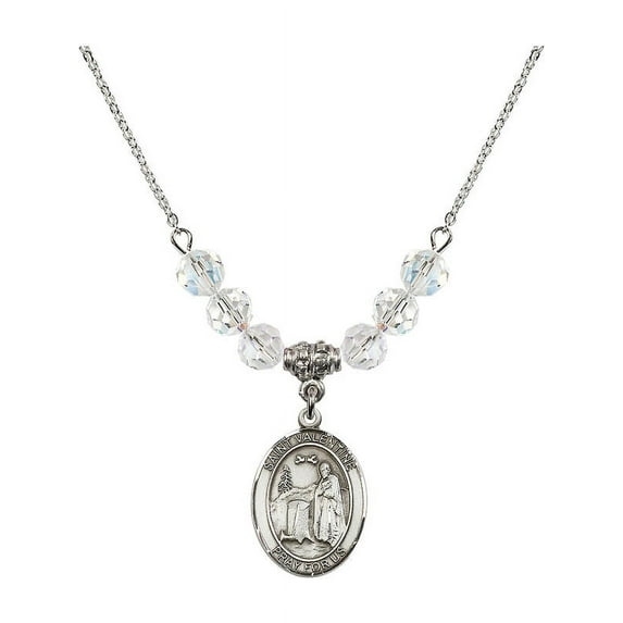 18-Inch Rhodium Plated Necklace with 6mm White April Birth Month Stone Beads and Saint Valentine of Rome Charm