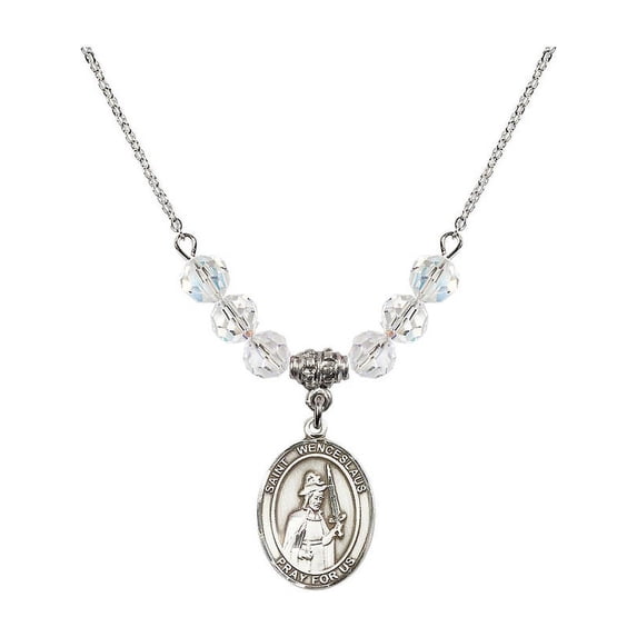 18-Inch Rhodium Plated Necklace with 6mm White April Birth Month Stone Beads and Saint Wenceslaus Charm