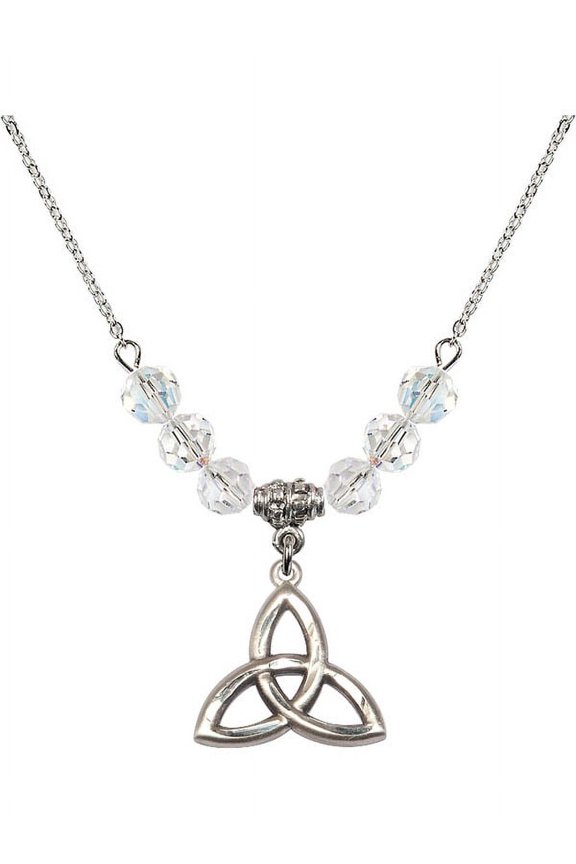 18-Inch Rhodium Plated Necklace with 6mm White April Birth Month Stone Beads and Trinity Irish Knot Charm