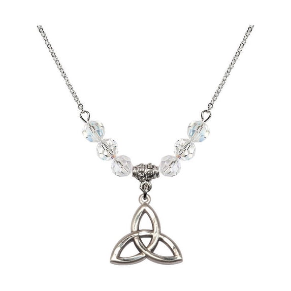 18-Inch Rhodium Plated Necklace with 6mm White April Birth Month Stone Beads and Trinity Irish Knot Charm