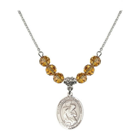 18-Inch Rhodium Plated Necklace with 6mm Yellow November Birth Month Stone Beads and Blessed Herman the Cripple Charm