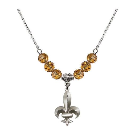 18-Inch Rhodium Plated Necklace with 6mm Yellow November Birth Month Stone Beads and Fleur de Lis Charm