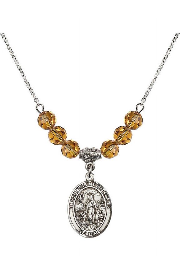 18-Inch Rhodium Plated Necklace with 6mm Yellow November Birth Month Stone Beads and Lord Is My Shepherd Charm