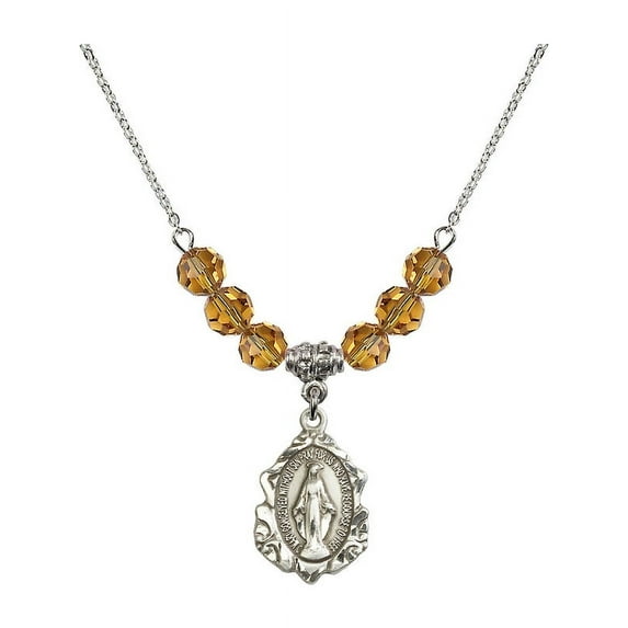 18-Inch Rhodium Plated Necklace with 6mm Yellow November Birth Month Stone Beads and Miraculous Charm