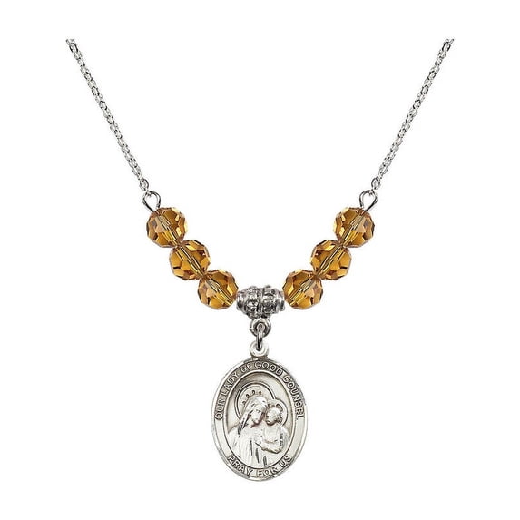 18-Inch Rhodium Plated Necklace with 6mm Yellow November Birth Month Stone Beads and Our Lady of Good Counsel Charm