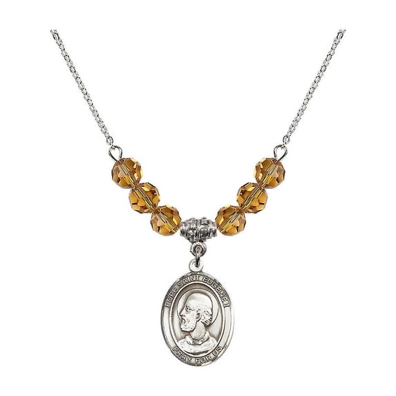 18-Inch Rhodium Plated Necklace with 6mm Yellow November Birth Month Stone Beads and Pope Saint Eugene I Charm