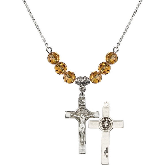 18-Inch Rhodium Plated Necklace with 6mm Yellow November Birth Month Stone Beads and Saint Benedict Crucifix Charm