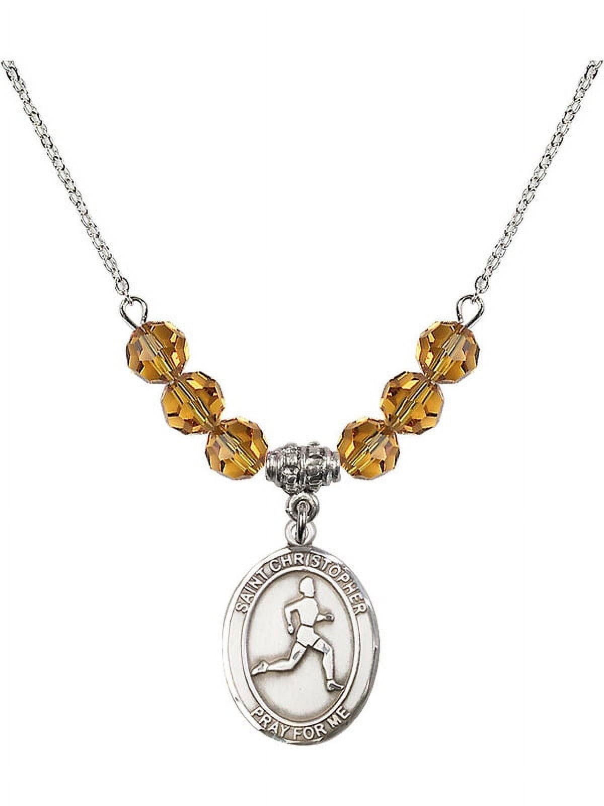 18-Inch Rhodium Plated Necklace with 6mm Yellow November Birth Month Stone Beads and Saint Christopher/Track & Field Charm