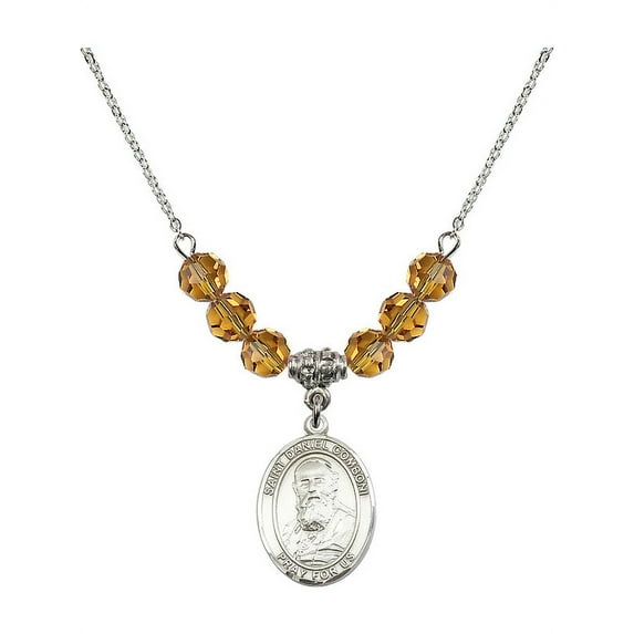 18-Inch Rhodium Plated Necklace with 6mm Yellow November Birth Month Stone Beads and Saint Daniel Comboni Charm