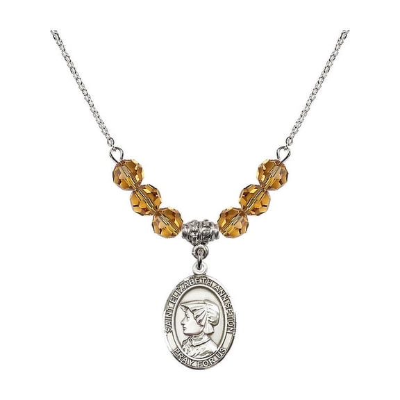 18-Inch Rhodium Plated Necklace with 6mm Yellow November Birth Month Stone Beads and Saint Elizabeth Ann Seton Charm