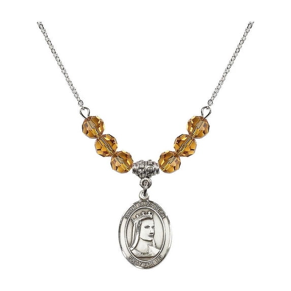 18-Inch Rhodium Plated Necklace with 6mm Yellow November Birth Month Stone Beads and Saint Elizabeth of Hungary Charm