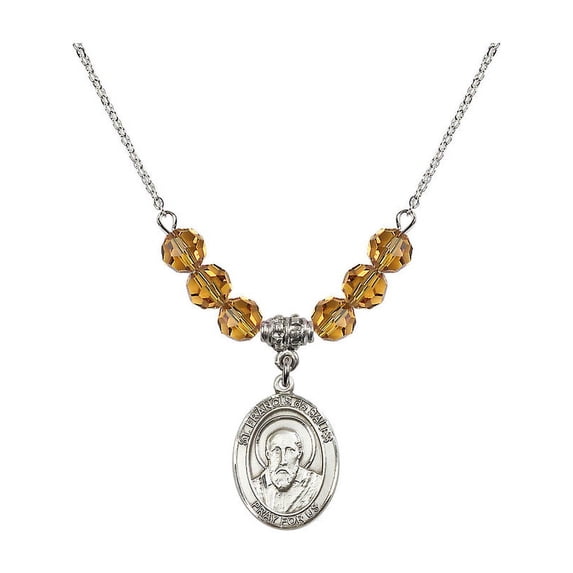 18-Inch Rhodium Plated Necklace with 6mm Yellow November Birth Month Stone Beads and Saint Francis de Sales Charm
