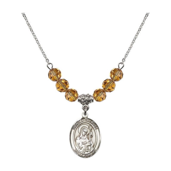 18-Inch Rhodium Plated Necklace with 6mm Yellow November Birth Month Stone Beads and Saint Gertrude of Nivelles Charm