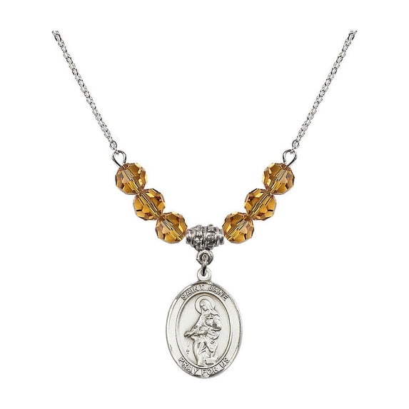 18-Inch Rhodium Plated Necklace with 6mm Yellow November Birth Month Stone Beads and Saint Jane of Valois Charm