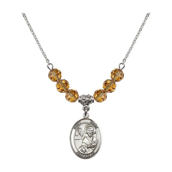 18-Inch Rhodium Plated Necklace with 6mm Yellow November Birth Month Stone Beads and Saint Mark the Evangelist Charm