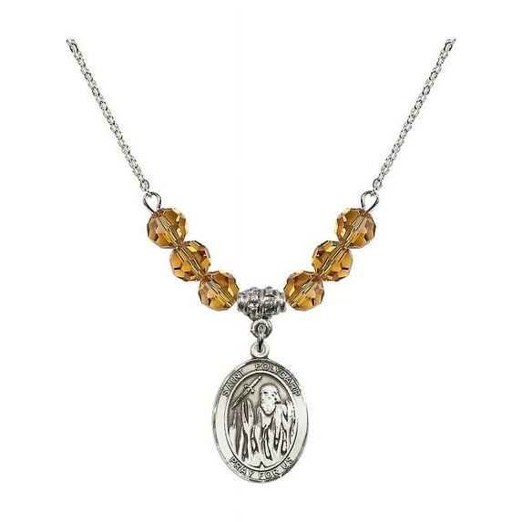 18-Inch Rhodium Plated Necklace with 6mm Yellow November Birth Month Stone Beads and Saint Polycarp of Smyrna Charm