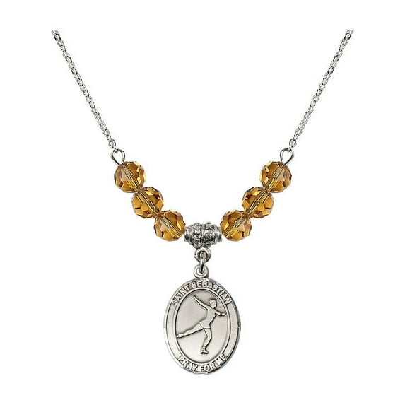 18-Inch Rhodium Plated Necklace with 6mm Yellow November Birth Month Stone Beads and Saint Sebastian/Figure Skating Charm