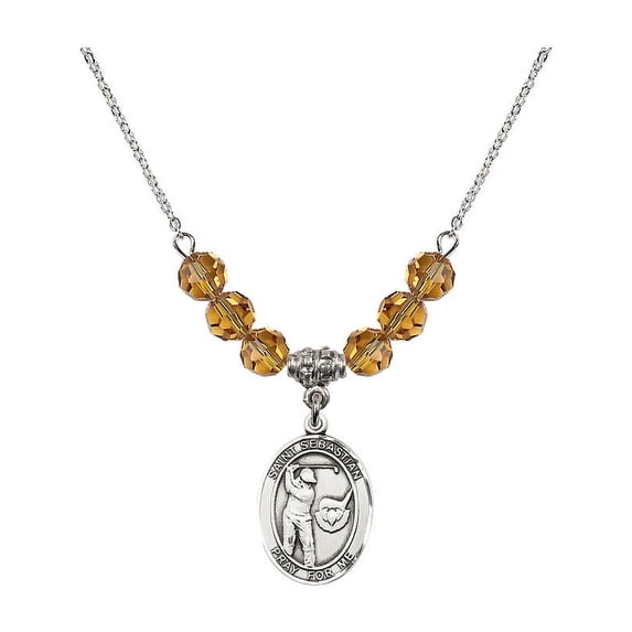 18-Inch Rhodium Plated Necklace with 6mm Yellow November Birth Month Stone Beads and Saint Sebastian / Golf Charm