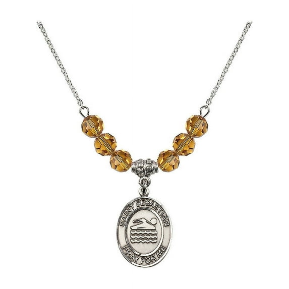 18-Inch Rhodium Plated Necklace with 6mm Yellow November Birth Month Stone Beads and Saint Sebastian/Swimming Charm