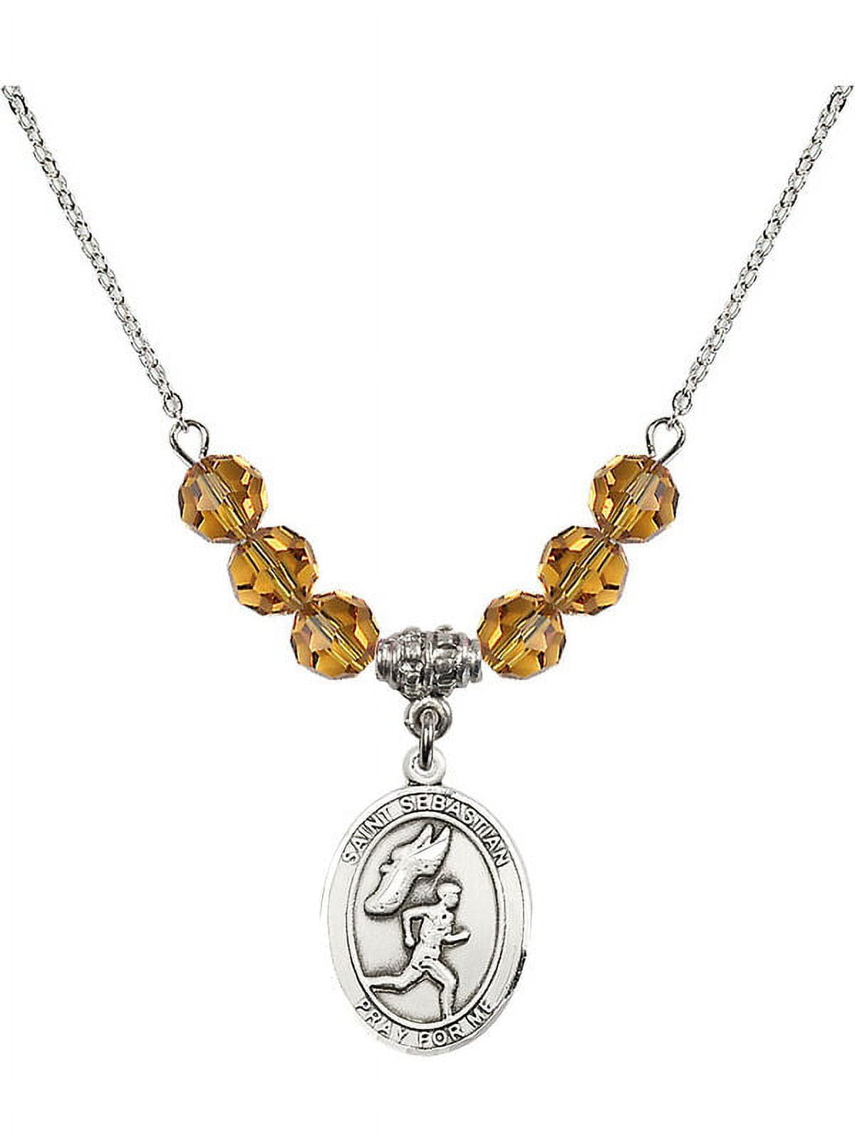 18-Inch Rhodium Plated Necklace with 6mm Yellow November Birth Month Stone Beads and Saint Sebastian /Track&Field-Men Charm