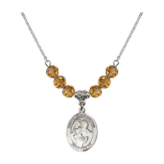 18-Inch Rhodium Plated Necklace with 6mm Yellow November Birth Month Stone Beads and Saints Peter & Paul Charm