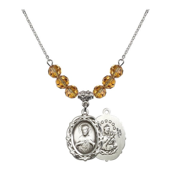 18-Inch Rhodium Plated Necklace with 6mm Yellow November Birth Month Stone Beads and Scapular Charm