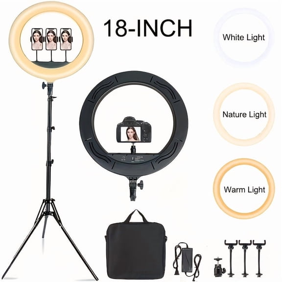 18-Inch Ring Light with Stand, LED Ring Light, with Bag And Mobile Phone Holder, for Smartphone Camera Photography, Live Broadcast, Selfie, Makeup, Studio Photo And Video Recording