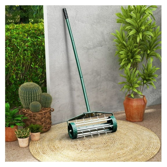 18 Inch Rolling Lawn Aerator with Splash-Proof Fender - Garden Soil Ventilator Tool for Water, Oxygen & Nutrient Diffusion - Lightweight & Easy Assembly