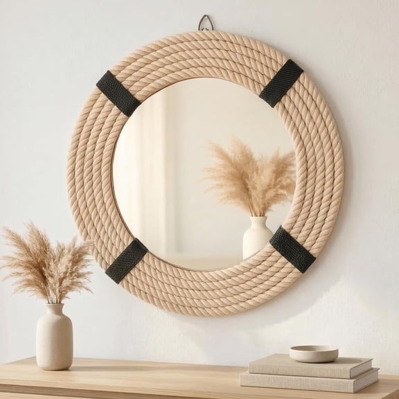 18" Inch Round Rustic Farmhouse Boho Shabby Chic Wall Hanging Mirror with Natural Jute Rope Decor Accent for Entryway, Bedroom, or Living Room (Color 1)