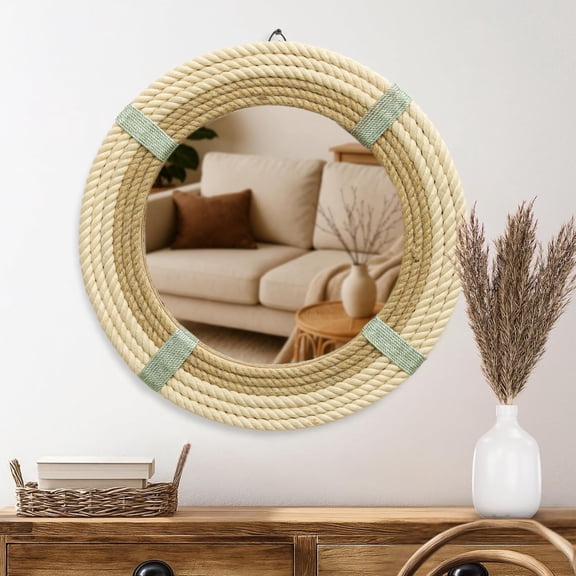 18" Inch Round Rustic Farmhouse Boho Shabby Chic Wall Hanging Mirror with Natural Jute Rope Decor Accent for Entryway, Bedroom, or Living Room (Color 2)