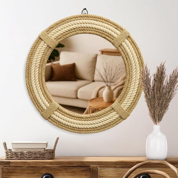 18" Inch Round Rustic Farmhouse Boho Shabby Chic Wall Hanging Mirror with Natural Jute Rope Decor Accent for Entryway, Bedroom, or Living Room (Color 4)