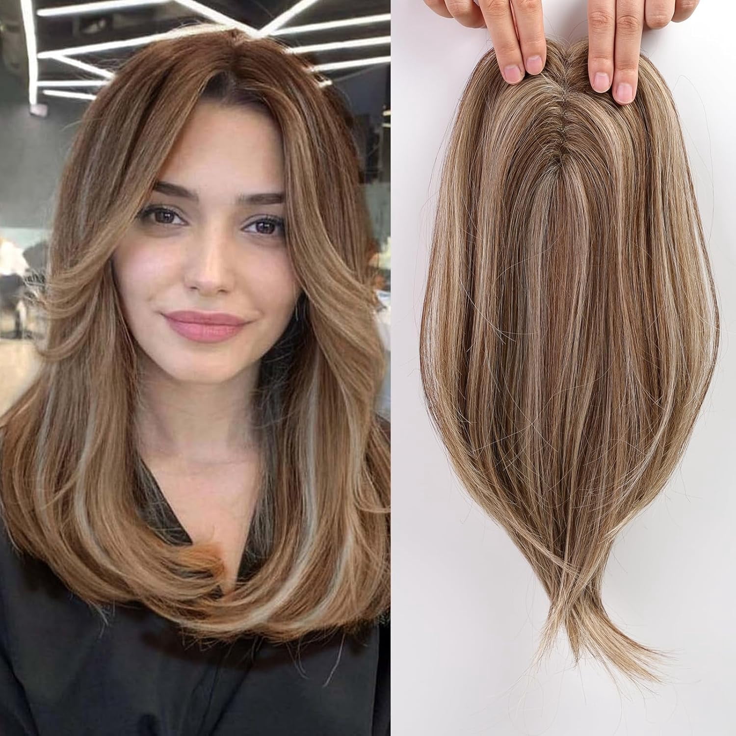 18 Inch Sandy Brown & Ash Blonde Layered Hair Topper with Bangs for ...