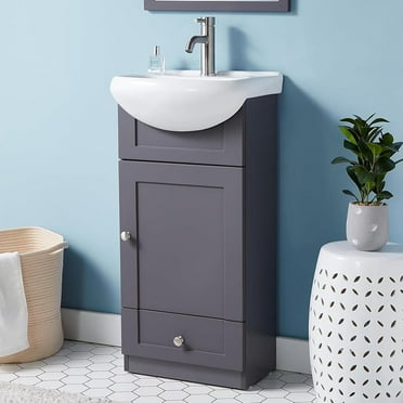 18 Inch Small Bathroom Vanity with Sink, Modern Bath Vanities Combo with White Countertop Basin,Narrow Bathroom Vanity for Tiny Spaces 1 Door 1 Drawer