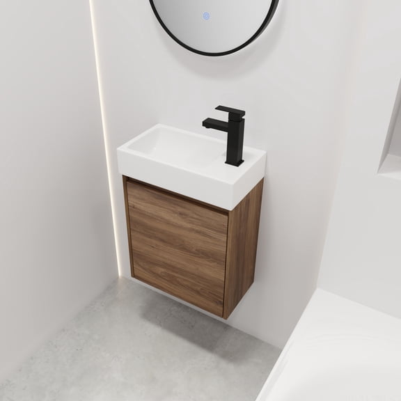 18 Inch Small Bathroom Vanity with Single Sink, Modern Floating Bath Vanity Cabinet, Brown