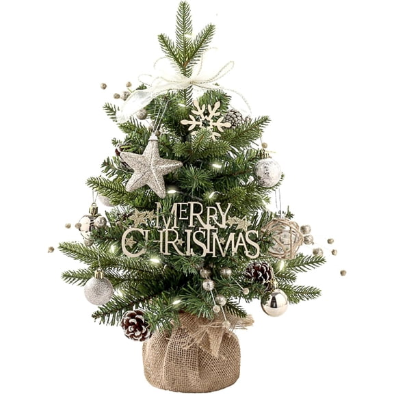 18 Inch Small Table Top Artificial Christmas Tree with LED Lights & Ball Ornament & Music Box, Mini Tabletop Battery Operated Xmas Tree for Holiday Home Desk Indoor DIY Christmas Decor (Green)