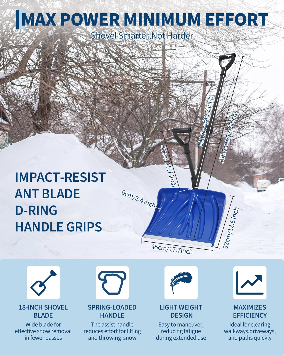 18-Inch Snow Shovel, 4.5Lbs Lightweight Steel Handle, Plastic Shovel ...